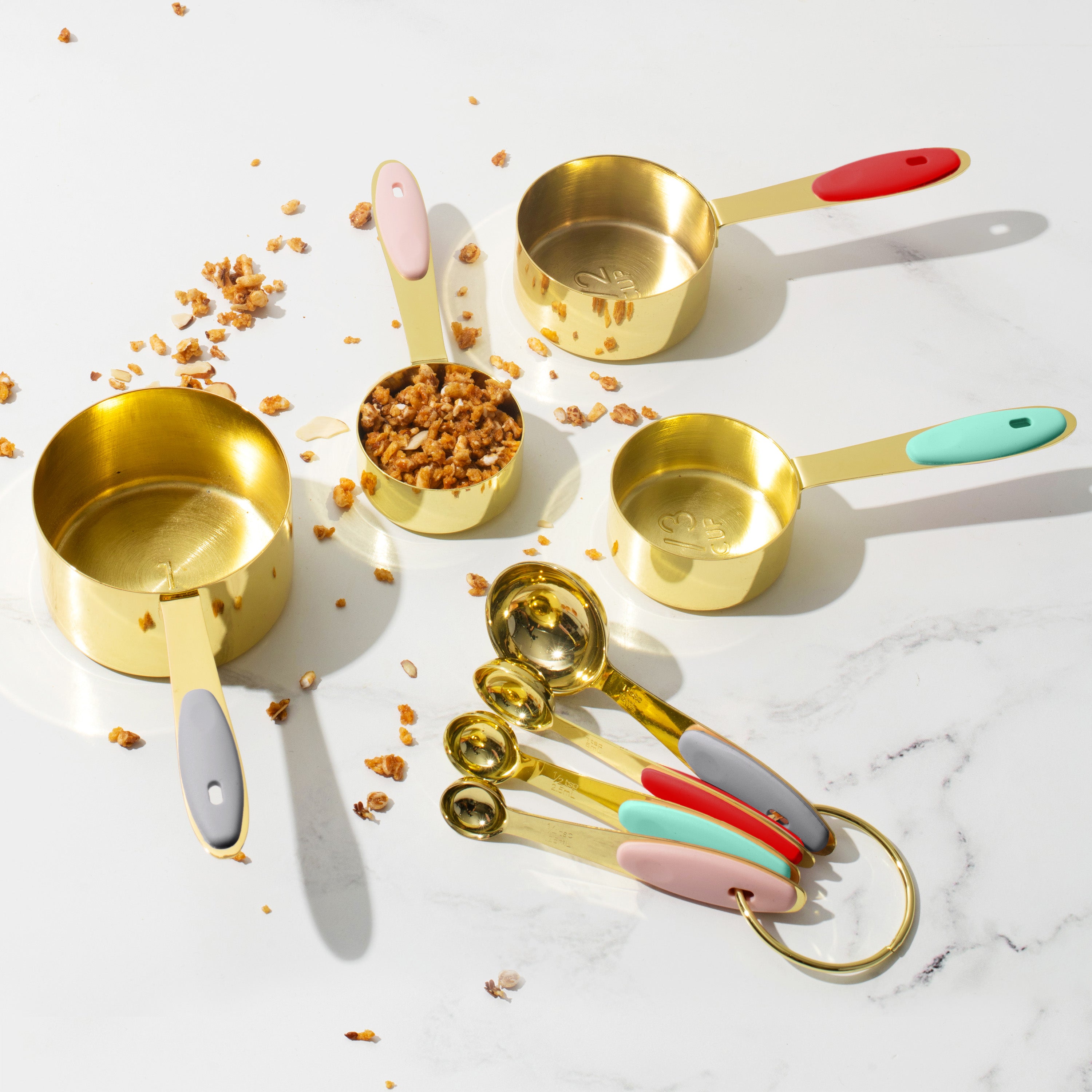 Multicolor and Gold Measuring Cups and Spoons Set