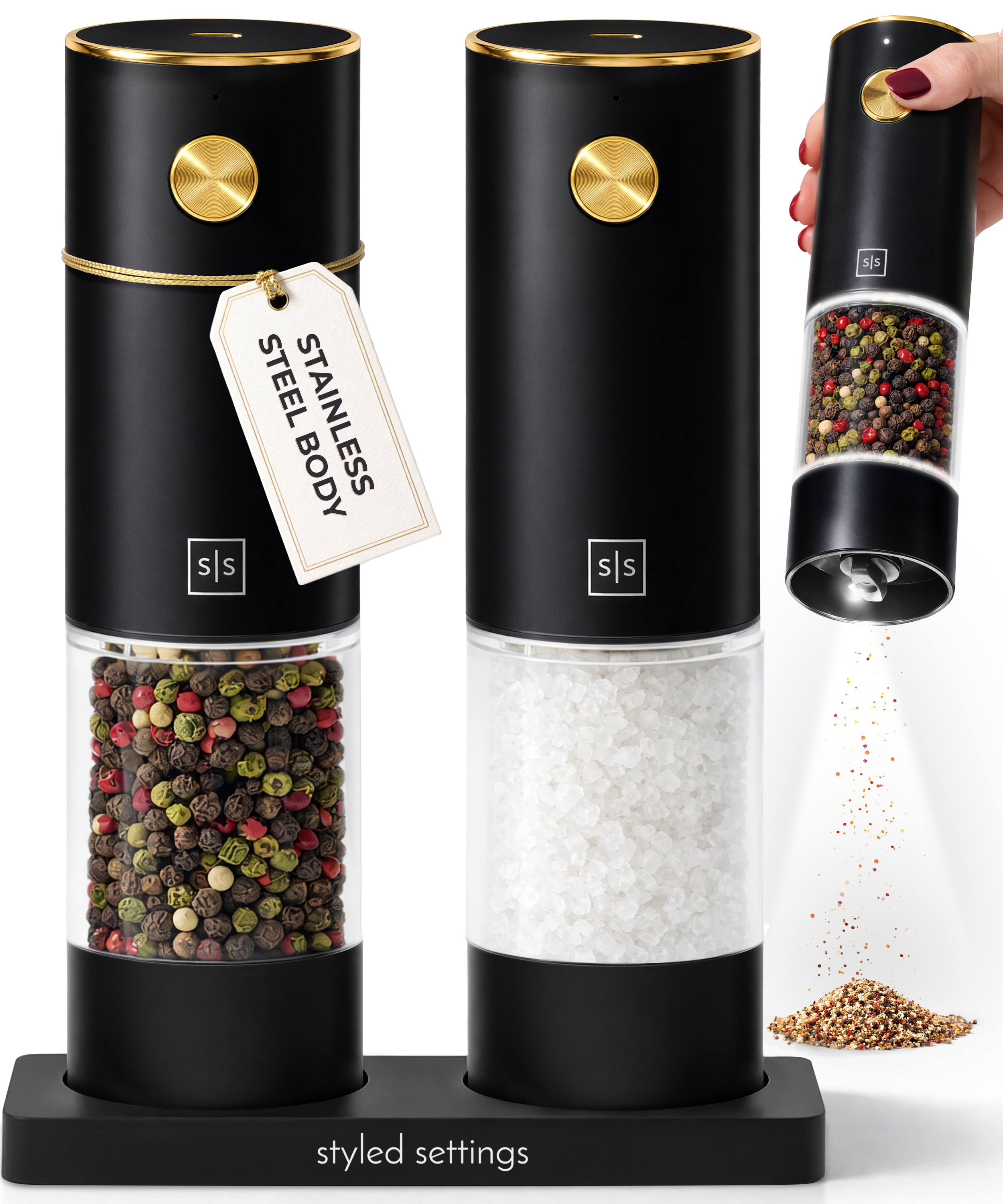 Rechargeable Electric Salt and Pepper Grinder Set – Black Stainless Steel, USB-C, Adjustable Coarseness, LED Light