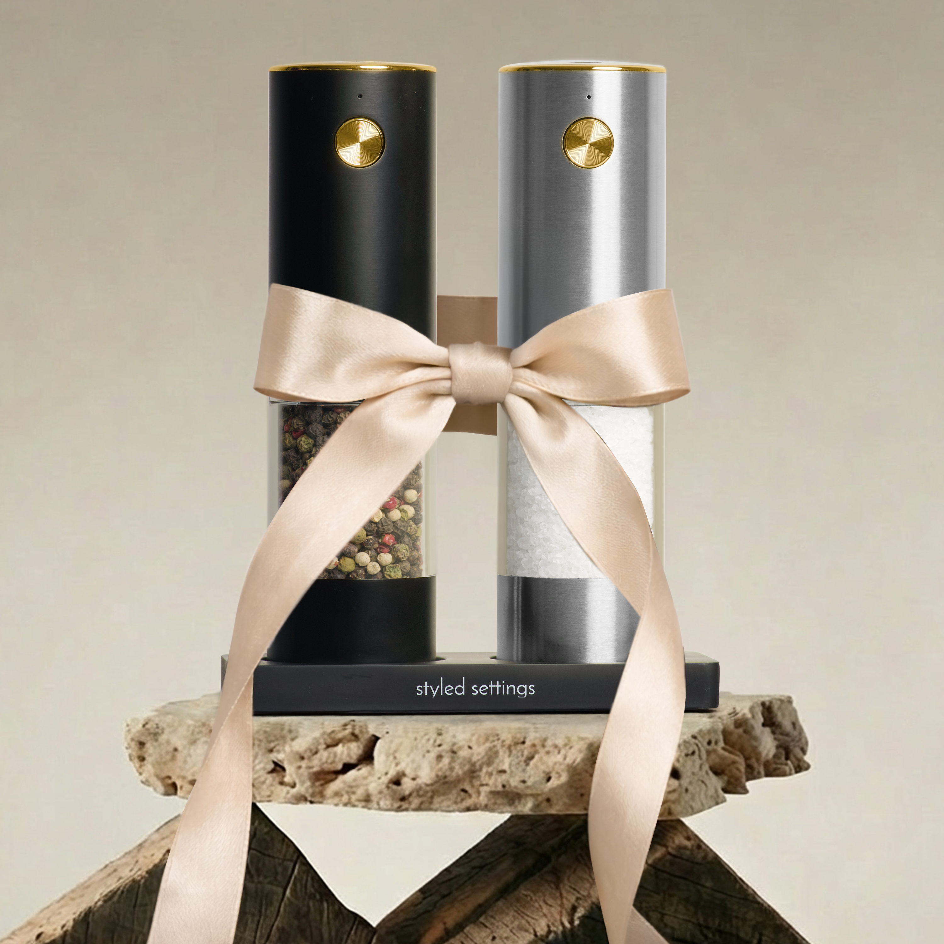 Rechargeable Electric Salt and Pepper Grinder Set – Black & Silver Stainless Steel, USB-C Charging, Adjustable Grind, LED Light