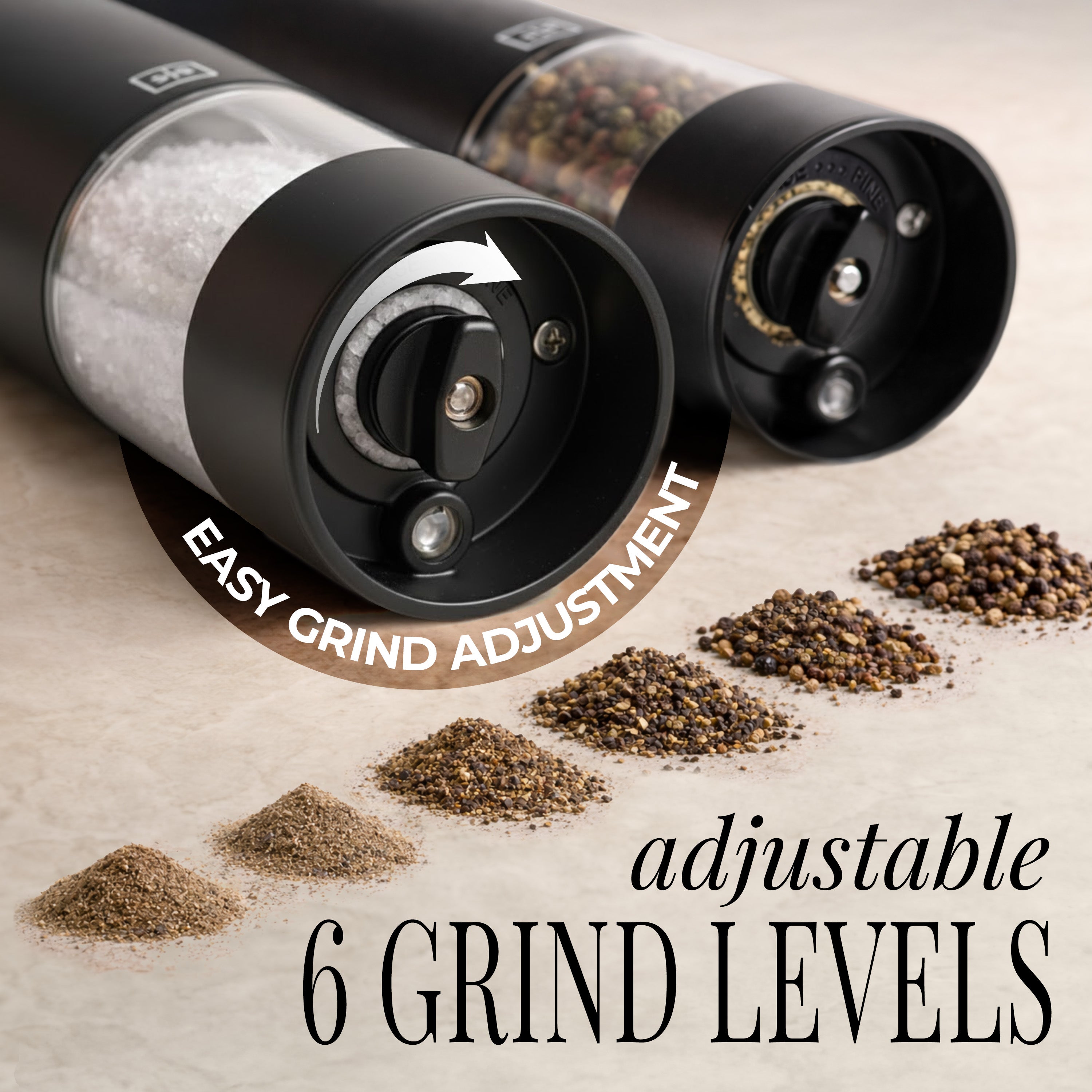 Rechargeable Electric Salt and Pepper Grinder Set – Black Stainless Steel, USB-C, Adjustable Coarseness, LED Light