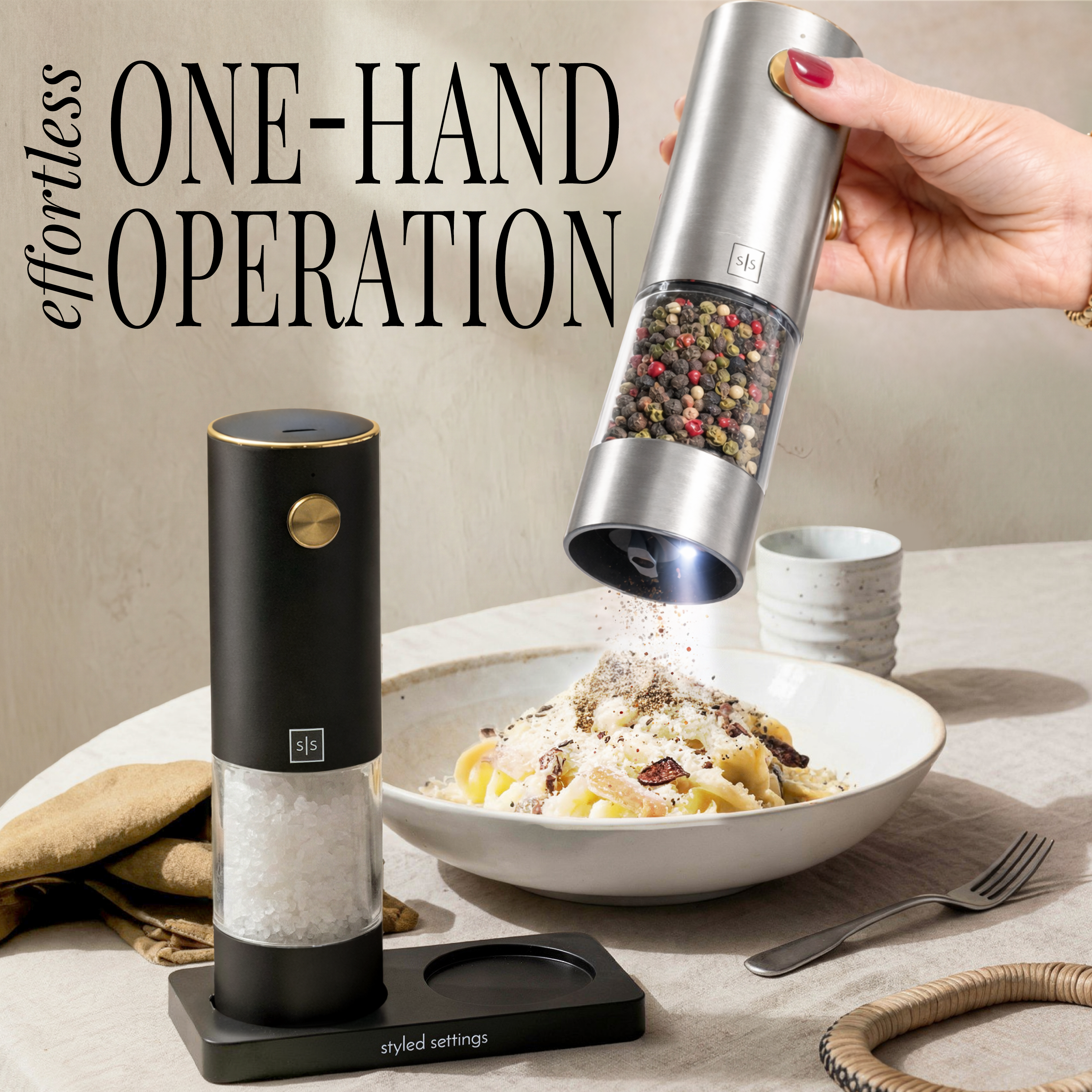 Rechargeable Electric Salt and Pepper Grinder Set – Black & Silver Stainless Steel, USB-C Charging, Adjustable Grind, LED Light