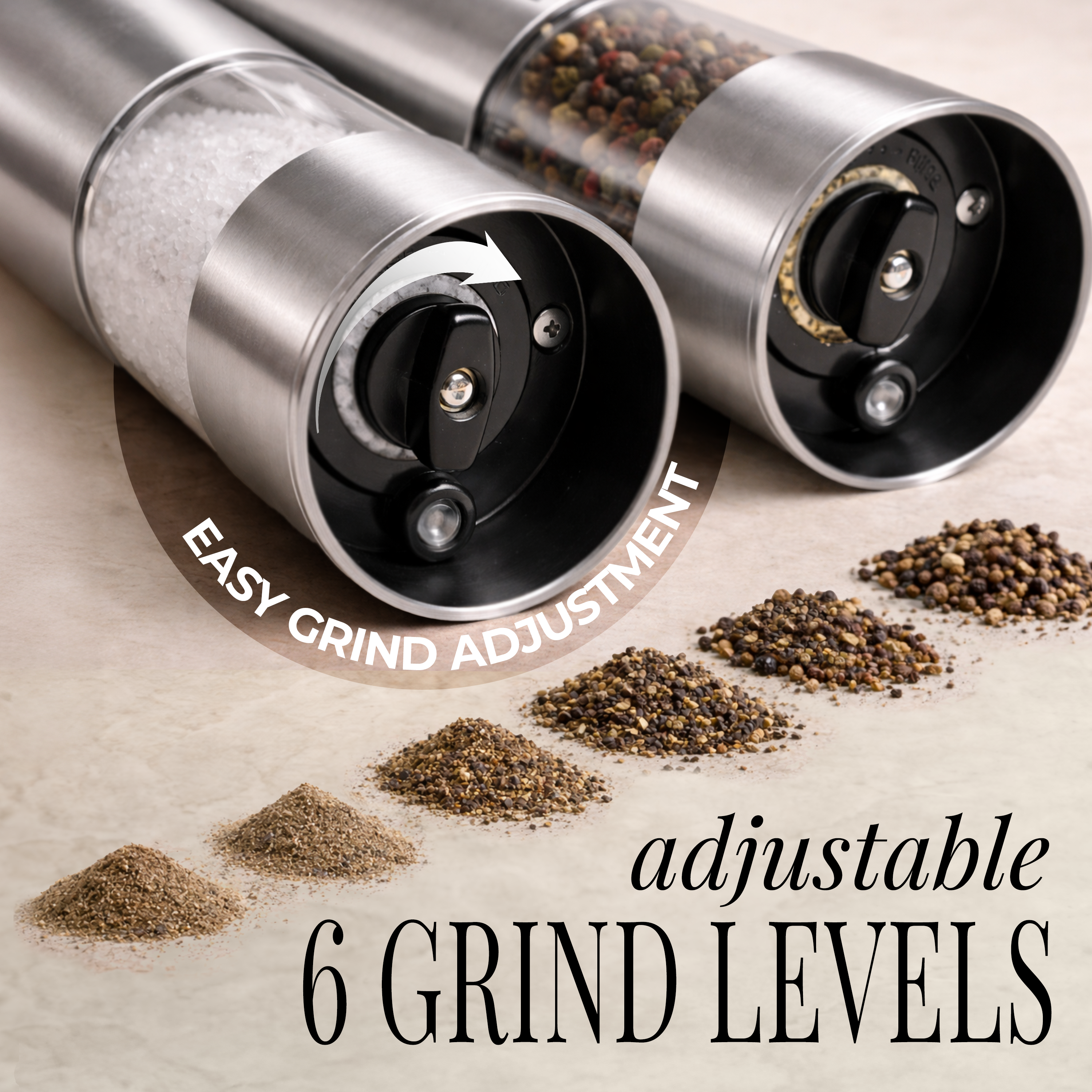 Rechargeable Electric Salt and Pepper Grinder Set – Silver Stainless Steel, USB-C, Adjustable Coarseness, LED Light