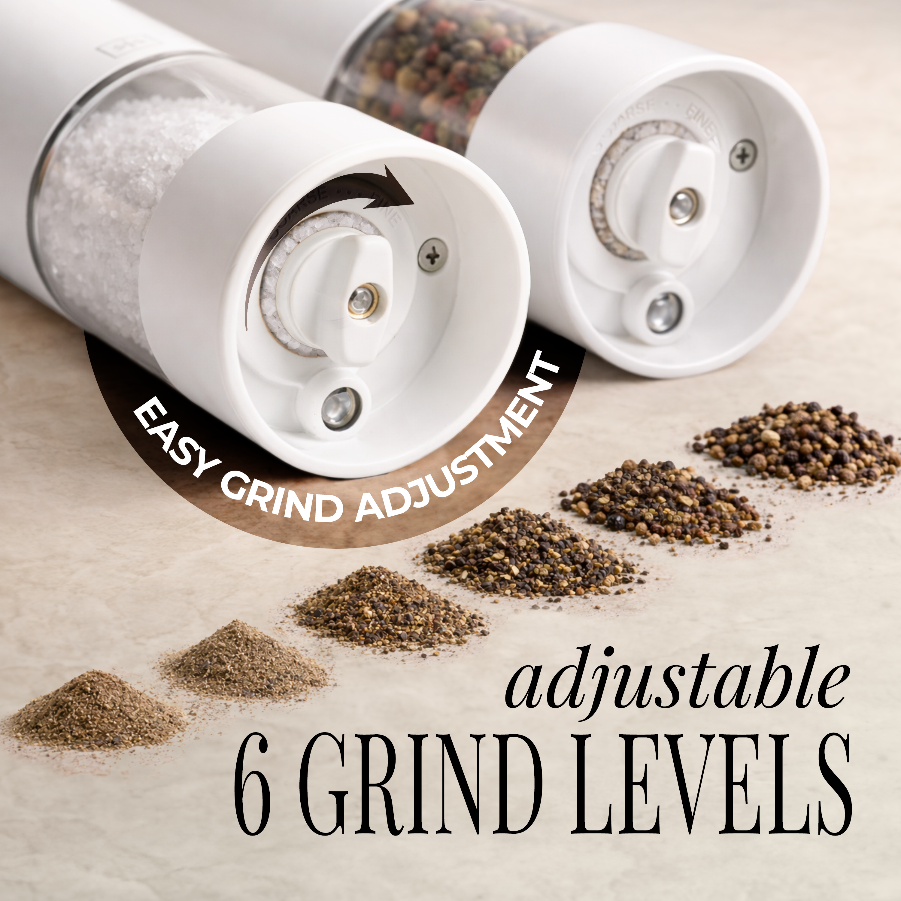 Rechargeable Electric Salt and Pepper Grinder Set – White Stainless Steel, USB-C, Adjustable Coarseness, LED Light