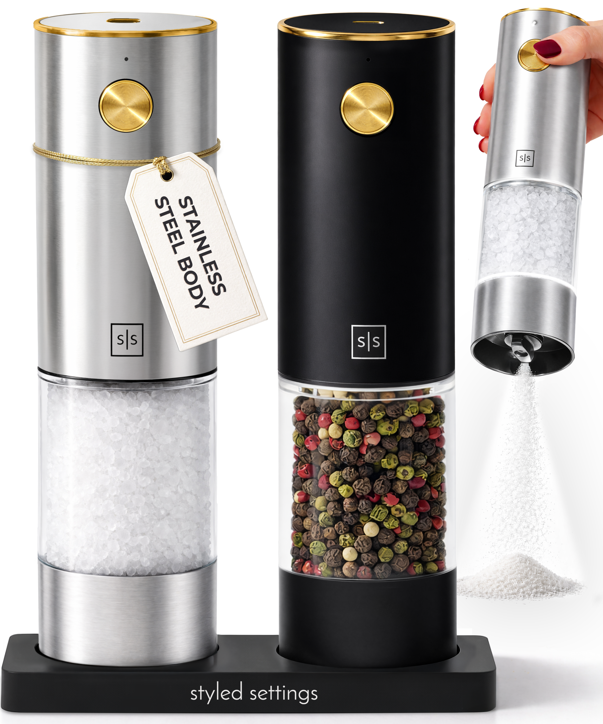 Rechargeable Electric Salt and Pepper Grinder Set – Black & Silver Stainless Steel, USB-C Charging, Adjustable Grind, LED Light