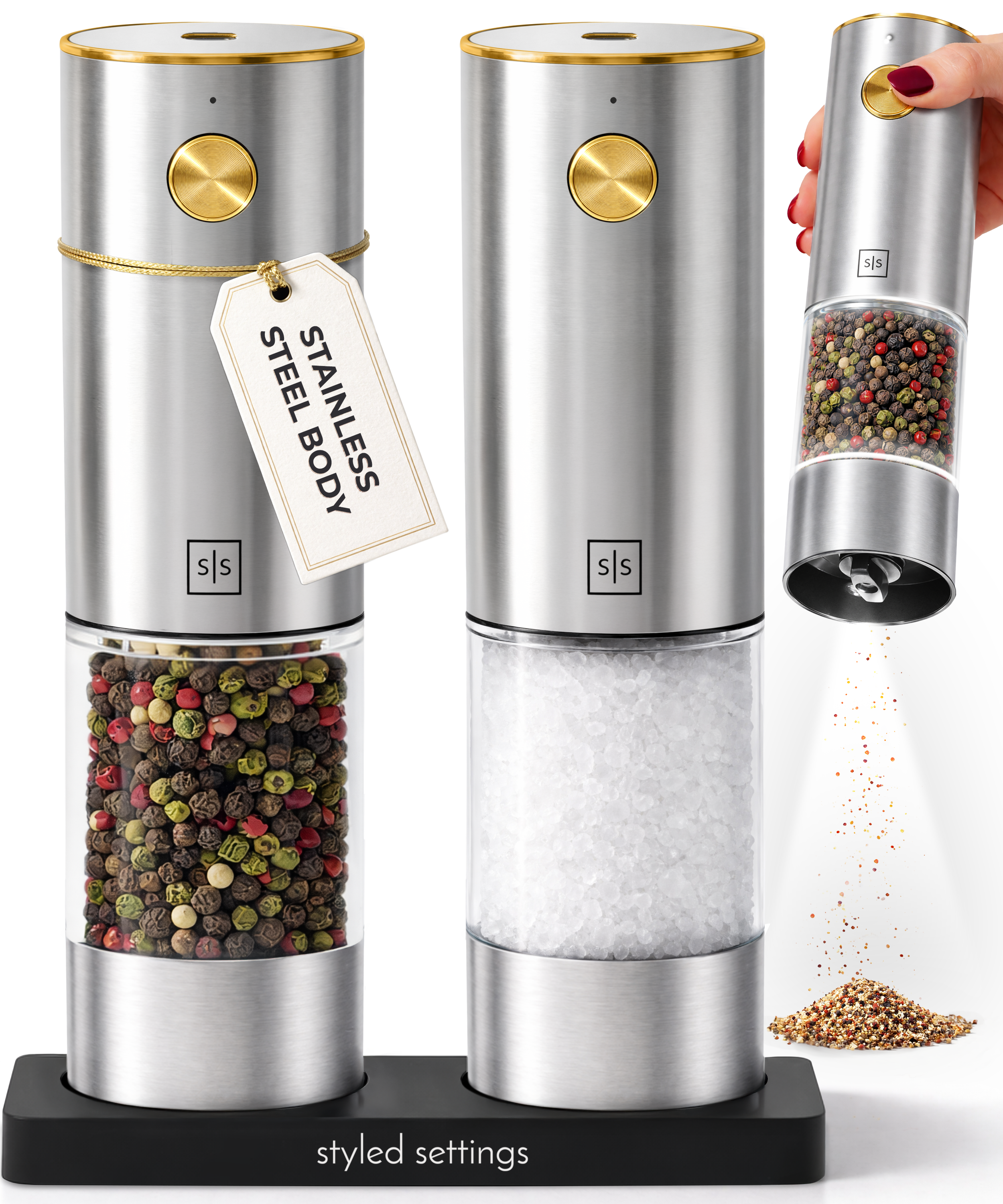 Rechargeable Electric Salt and Pepper Grinder Set – Silver Stainless Steel, USB-C, Adjustable Coarseness, LED Light