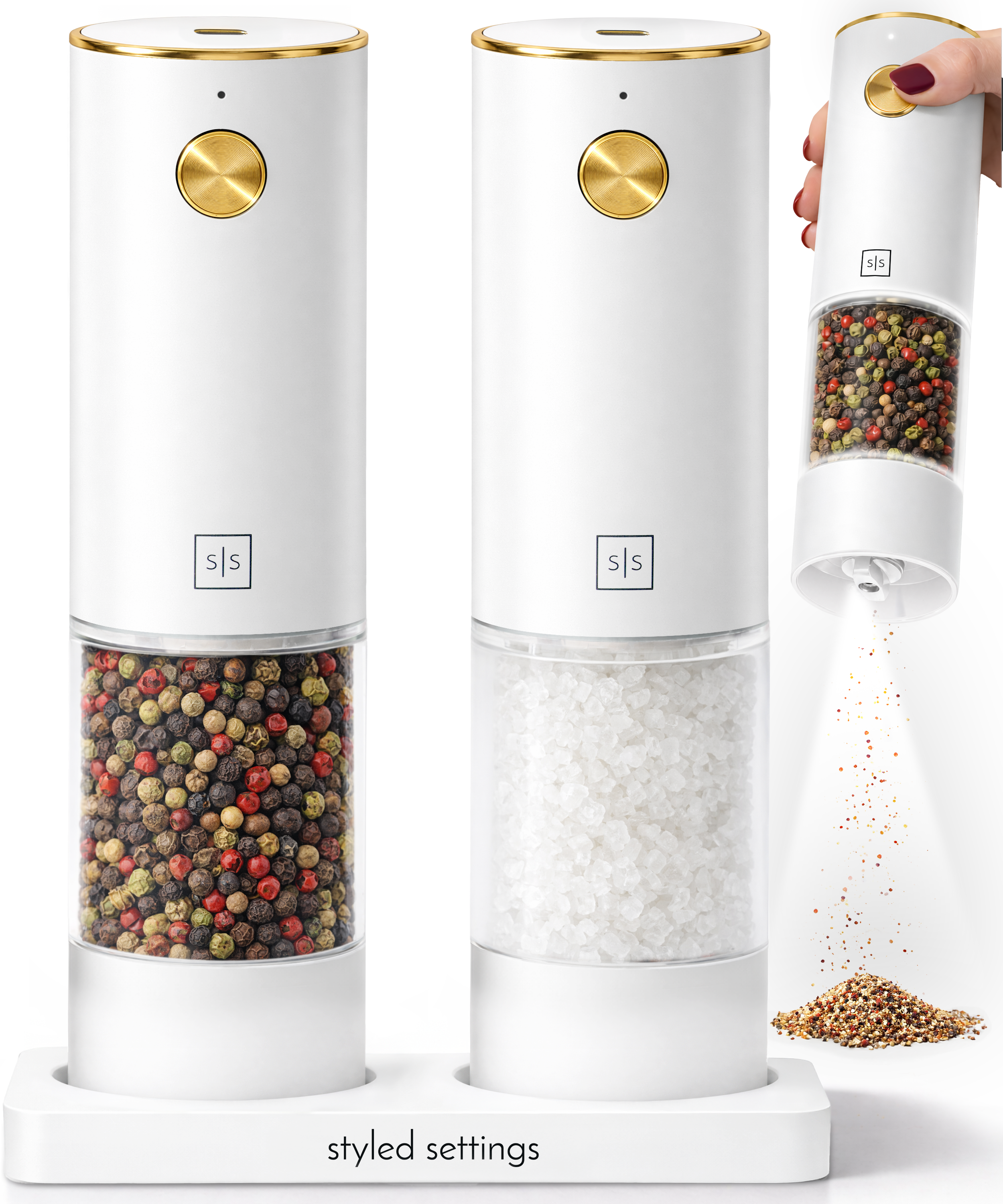 Rechargeable Electric Salt and Pepper Grinder Set – White Stainless Steel, USB-C, Adjustable Coarseness, LED Light