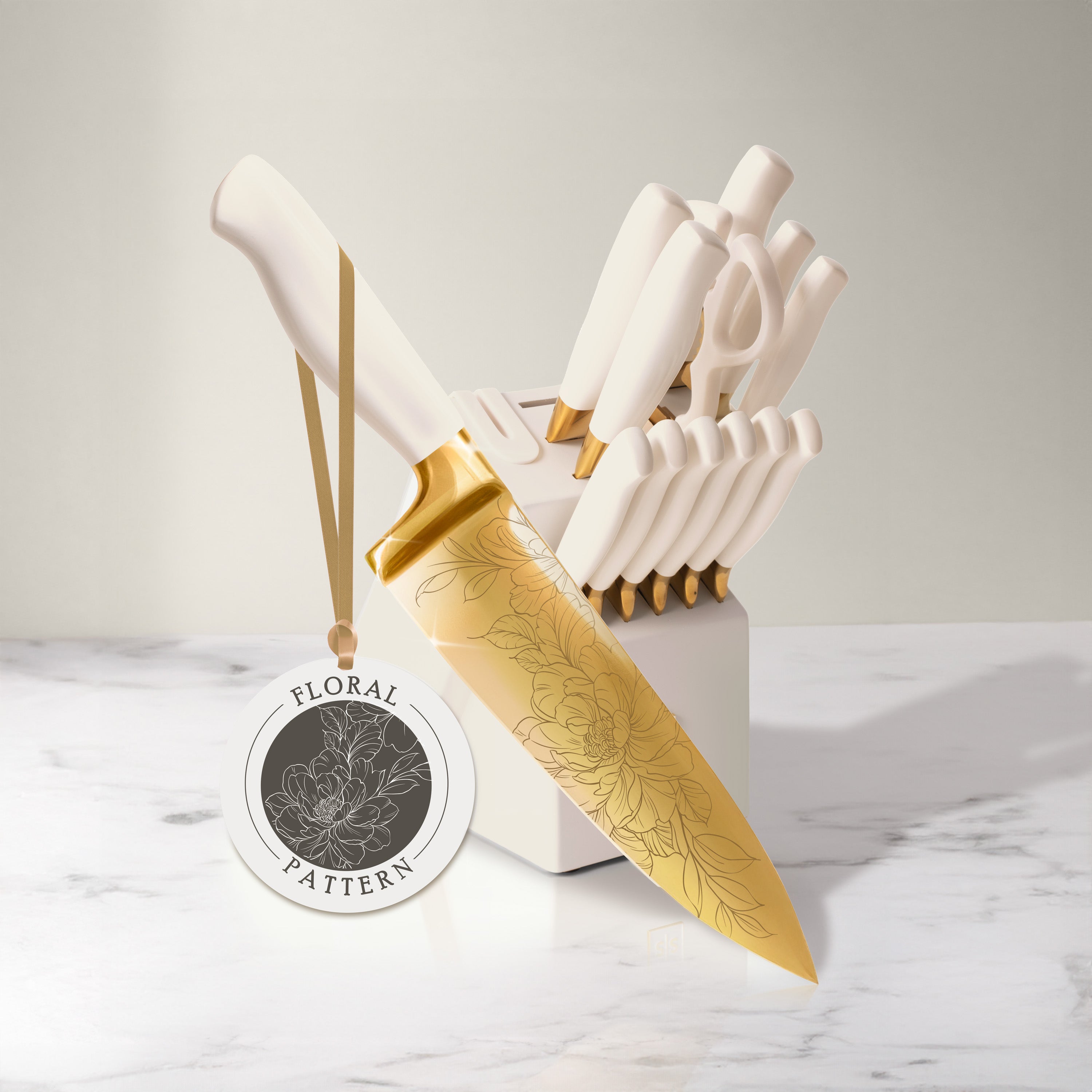 Patterned White and Gold Knife Set with White Self-Sharpening Block