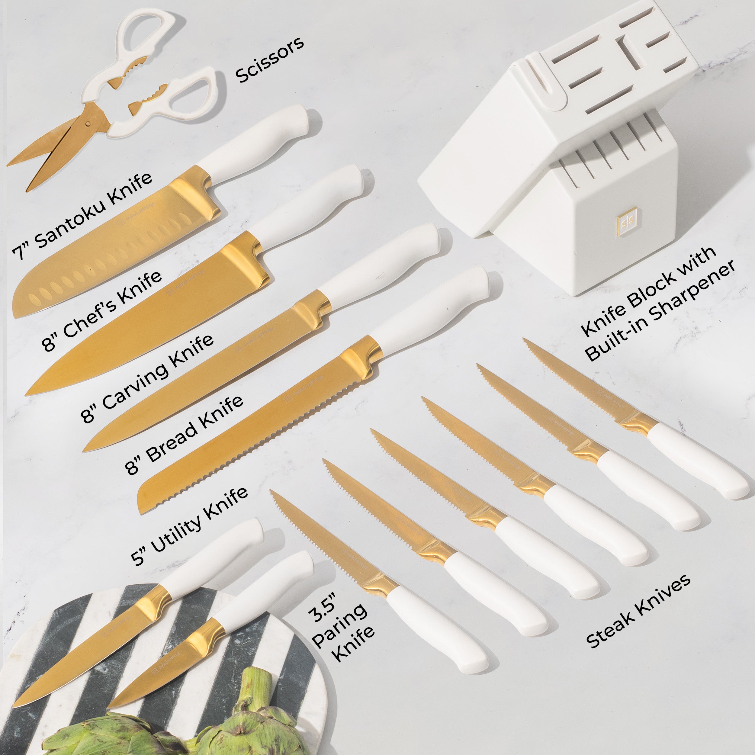 White and Gold Knife Set with White Self-Sharpening Block