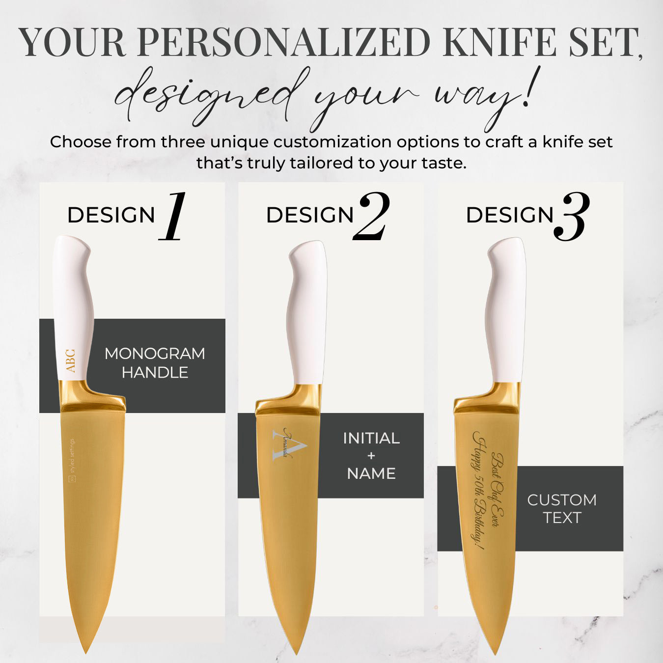 Personalized White and Gold Knife Set with White Self-Sharpening Block