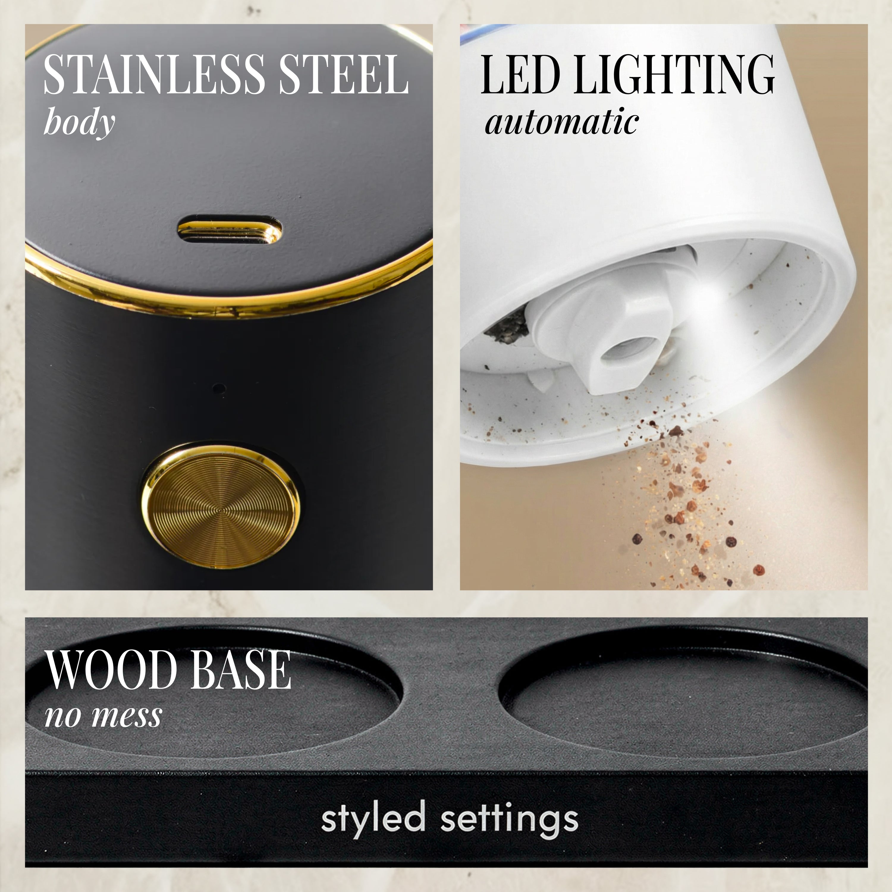 Rechargeable Electric Salt and Pepper Grinder Set – Black & White Stainless Steel, USB-C Charging, Adjustable Grind, LED Light