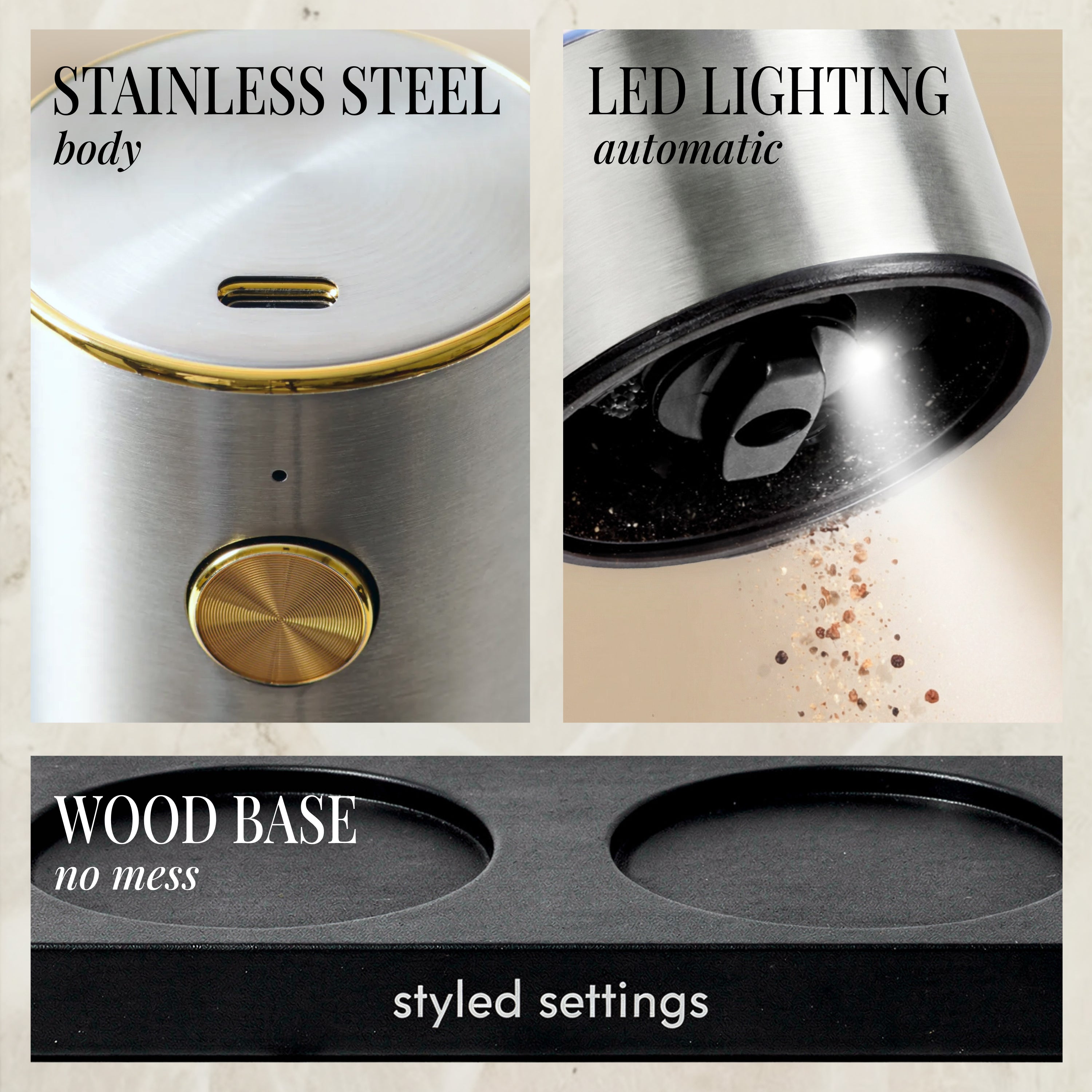 Rechargeable Electric Salt and Pepper Grinder Set – Silver Stainless Steel, USB-C, Adjustable Coarseness, LED Light