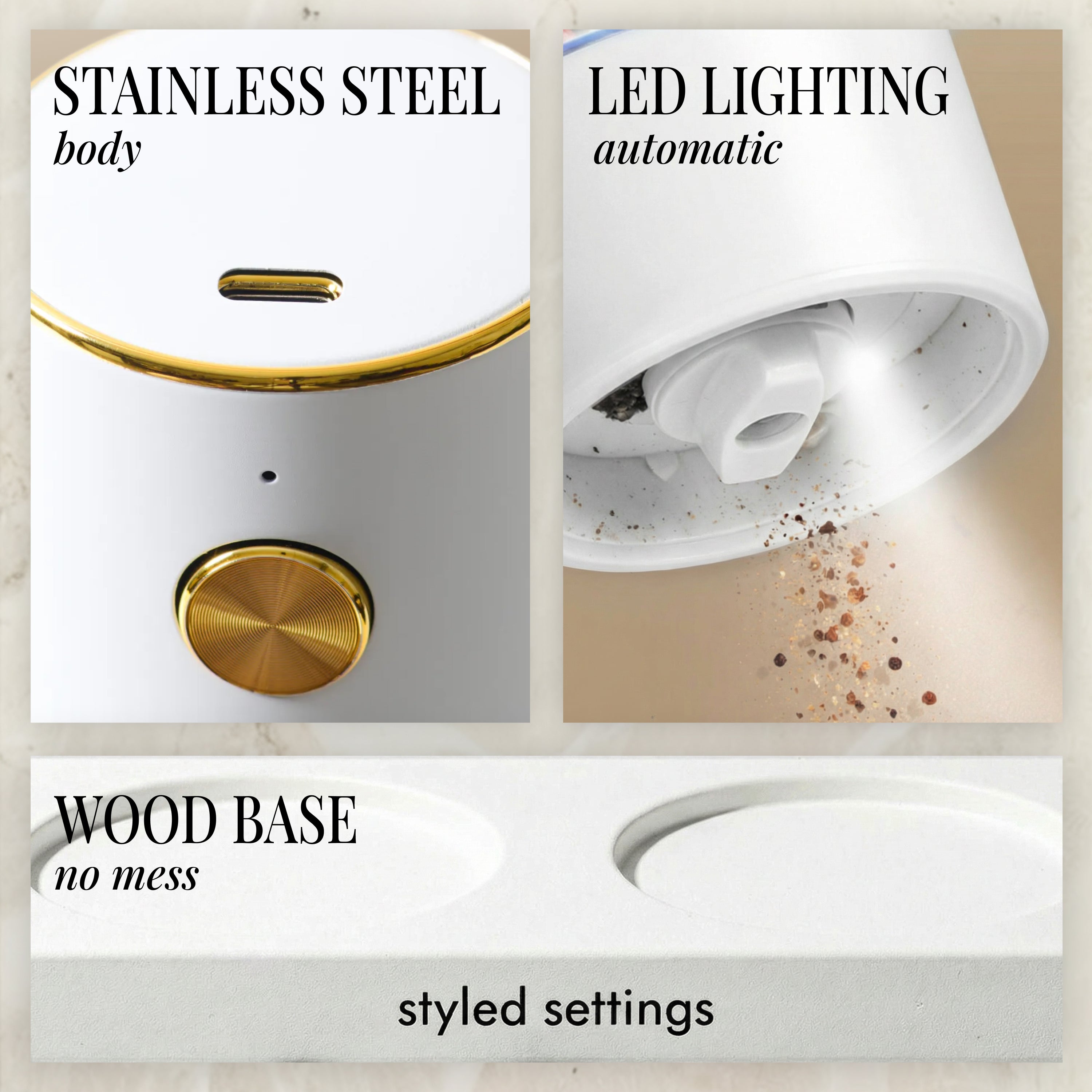 Rechargeable Electric Salt and Pepper Grinder Set – White Stainless Steel, USB-C, Adjustable Coarseness, LED Light