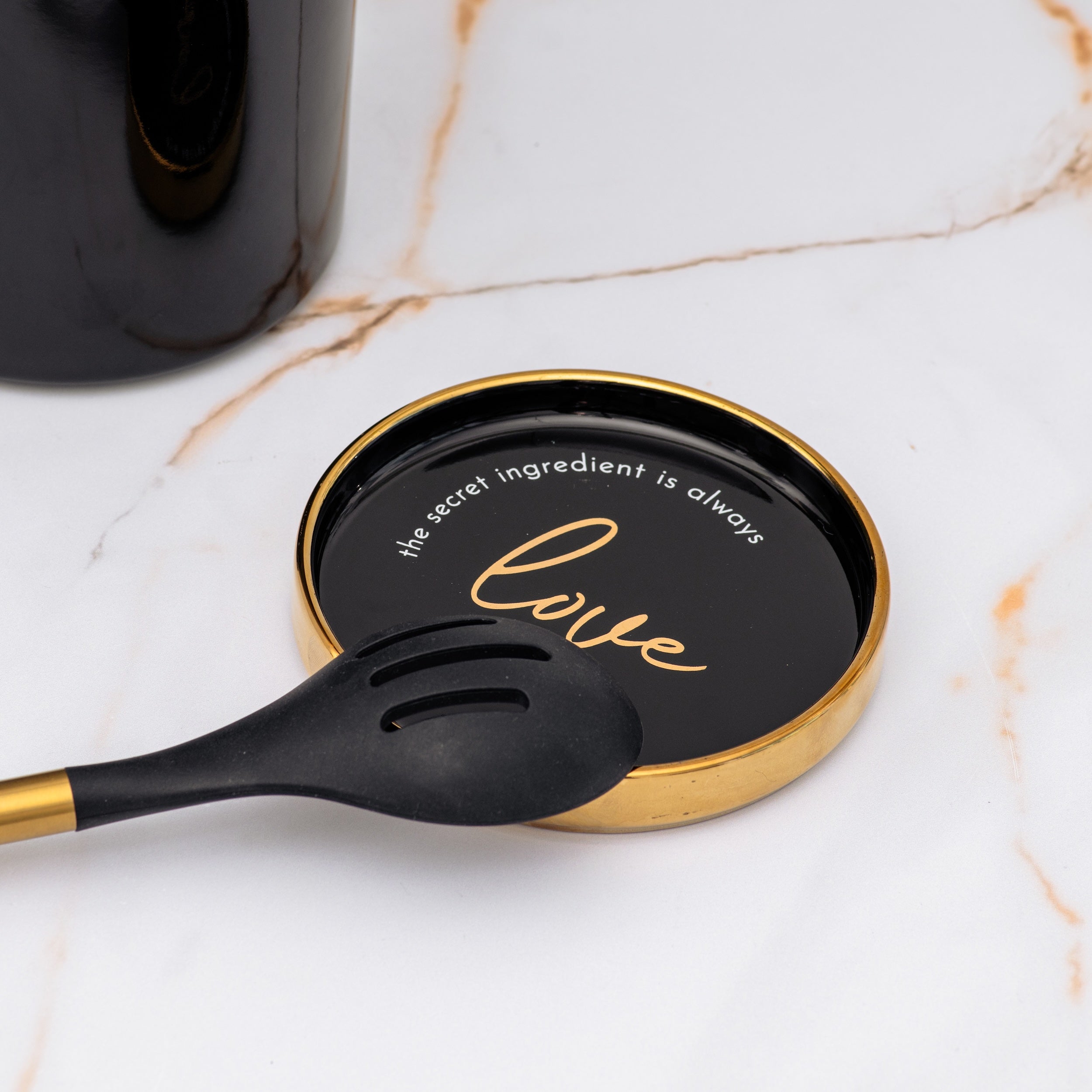 Black and Gold Kitchen Utensils and Black Utensil Holder with Built-in Spoon Rest