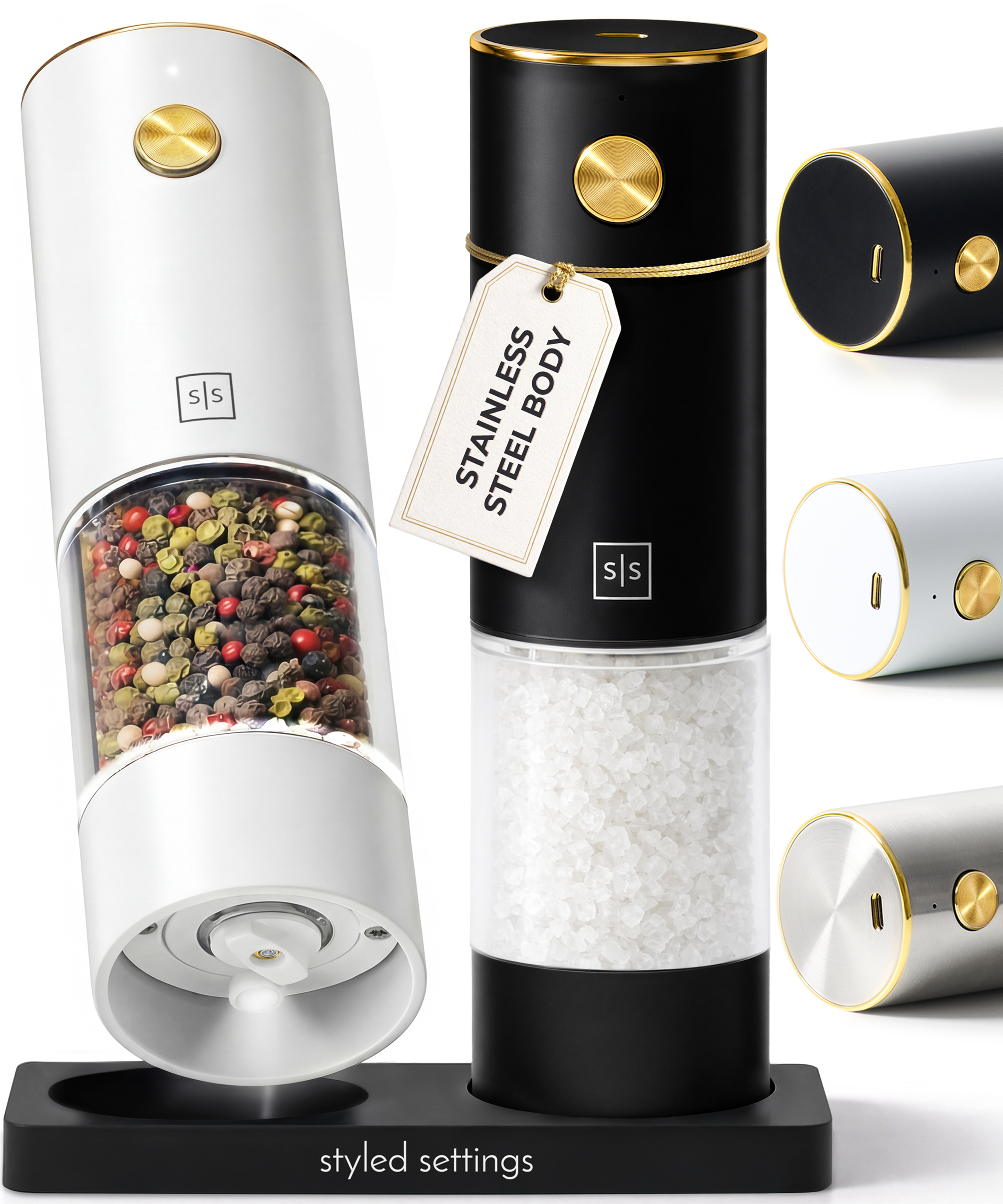 Rechargeable Electric Salt and Pepper Grinder Set – Black & White Stainless Steel, USB-C Charging, Adjustable Grind, LED Light