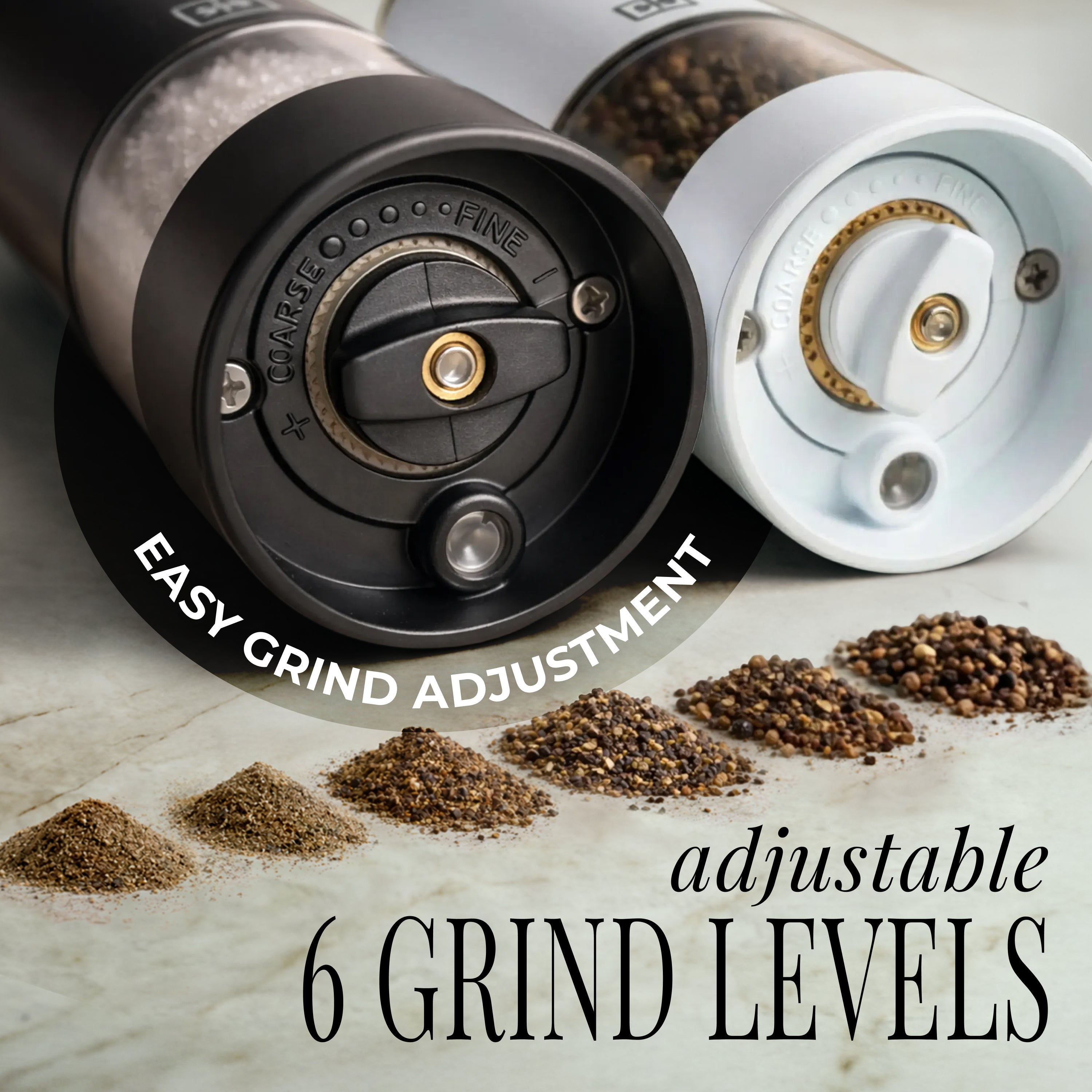 Rechargeable Electric Salt and Pepper Grinder Set – Black & White Stainless Steel, USB-C Charging, Adjustable Grind, LED Light