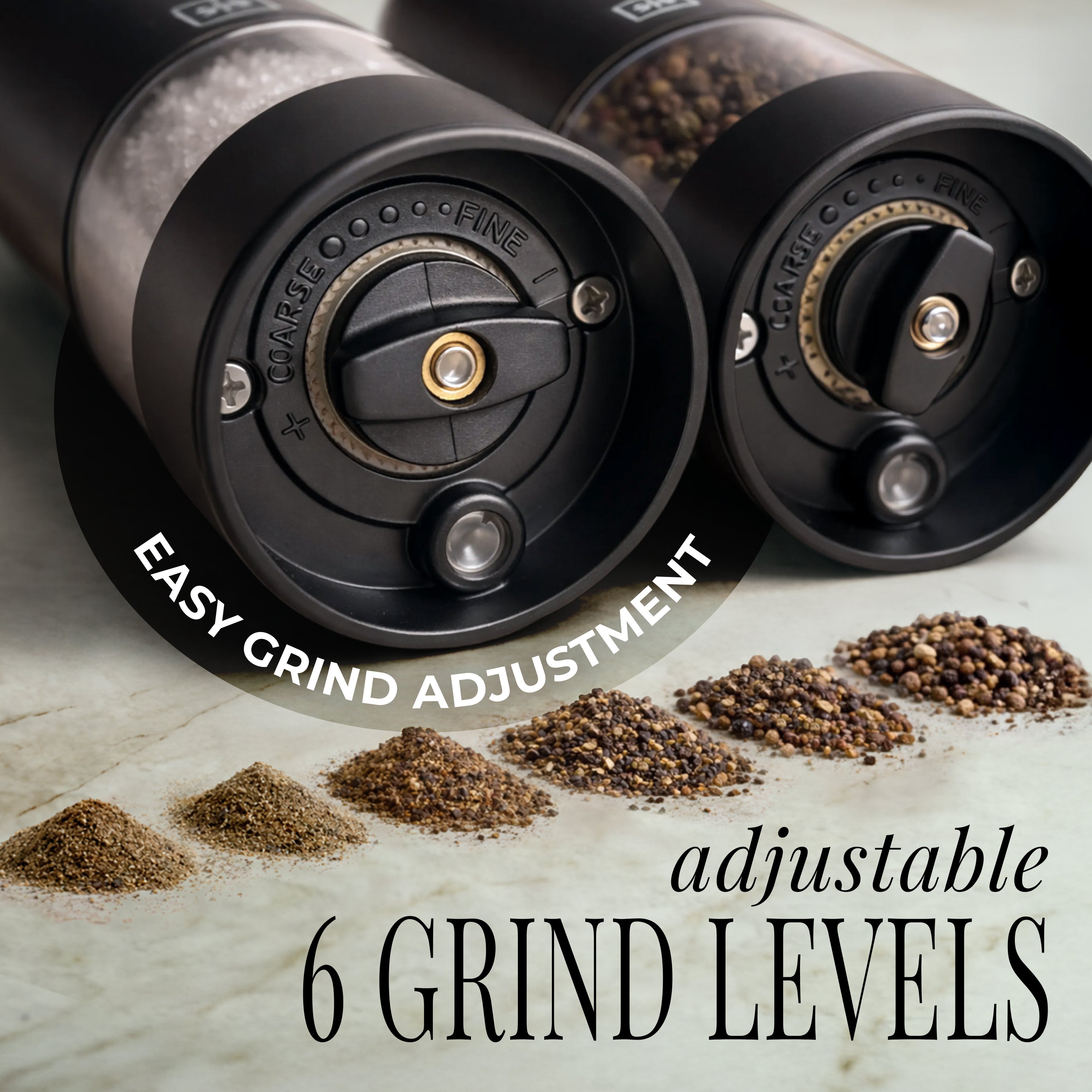 Rechargeable Electric Salt and Pepper Grinder Set – Black Stainless Steel, USB-C, Adjustable Coarseness, LED Light