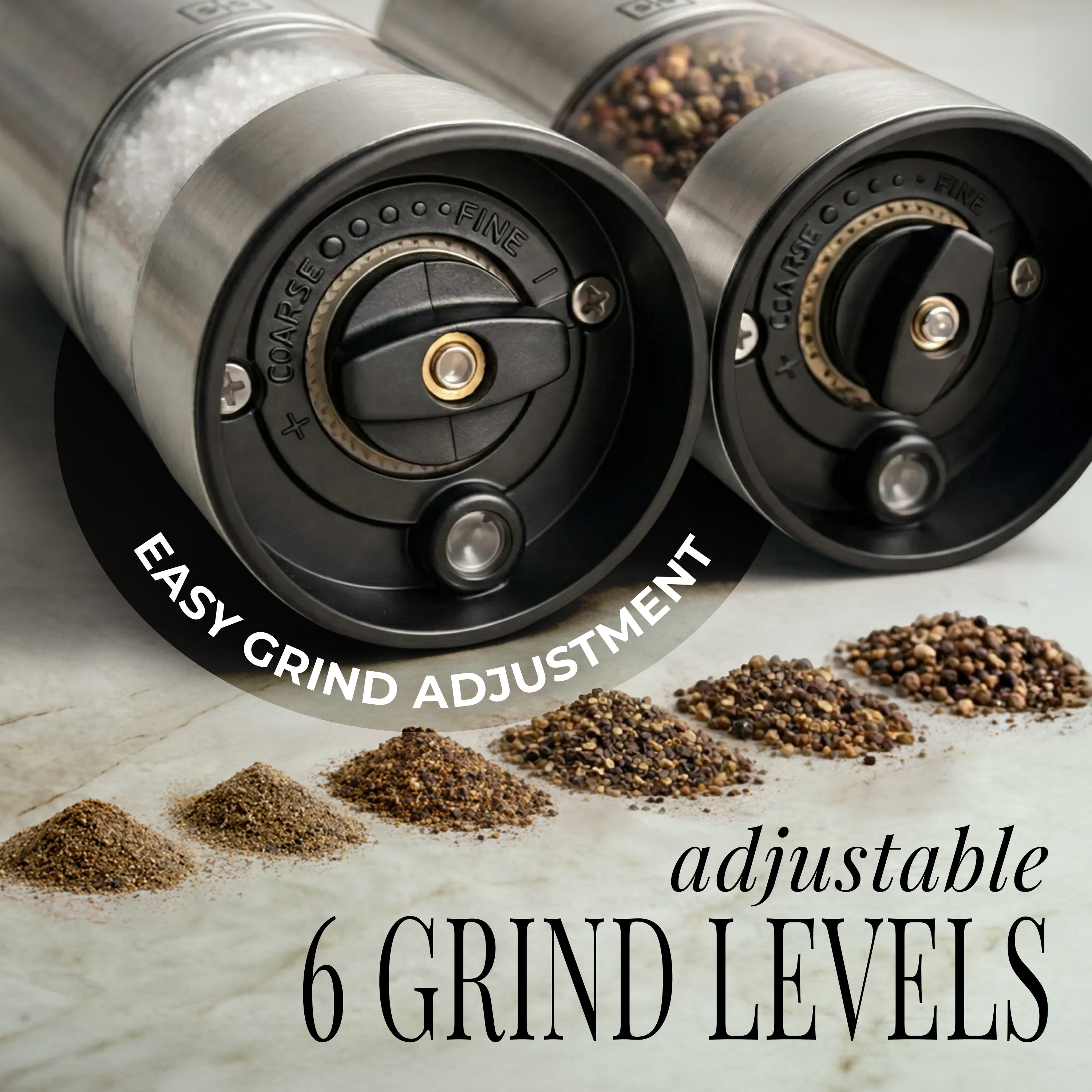 Rechargeable Electric Salt and Pepper Grinder Set – Silver Stainless Steel, USB-C, Adjustable Coarseness, LED Light