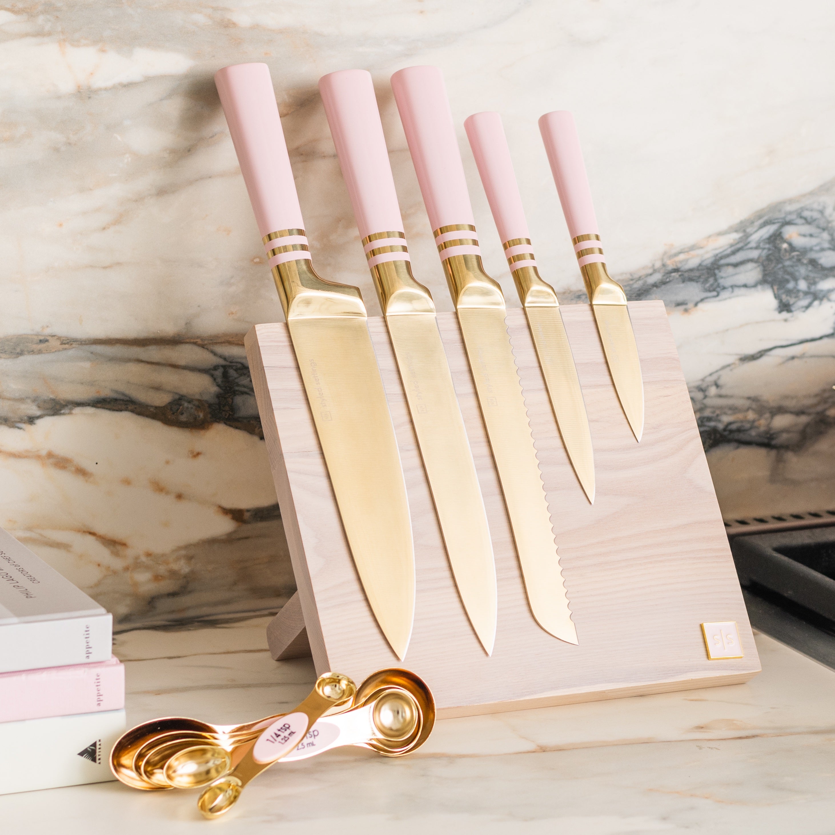  Pink Knife Set with Magnetic Knife Block - 6 PC Pink and Gold Knife  Set with Block Includes Pink Kitchen Knife Set & Ashwood Magnetic Knife  Holder - Pink Kitchen Accessories