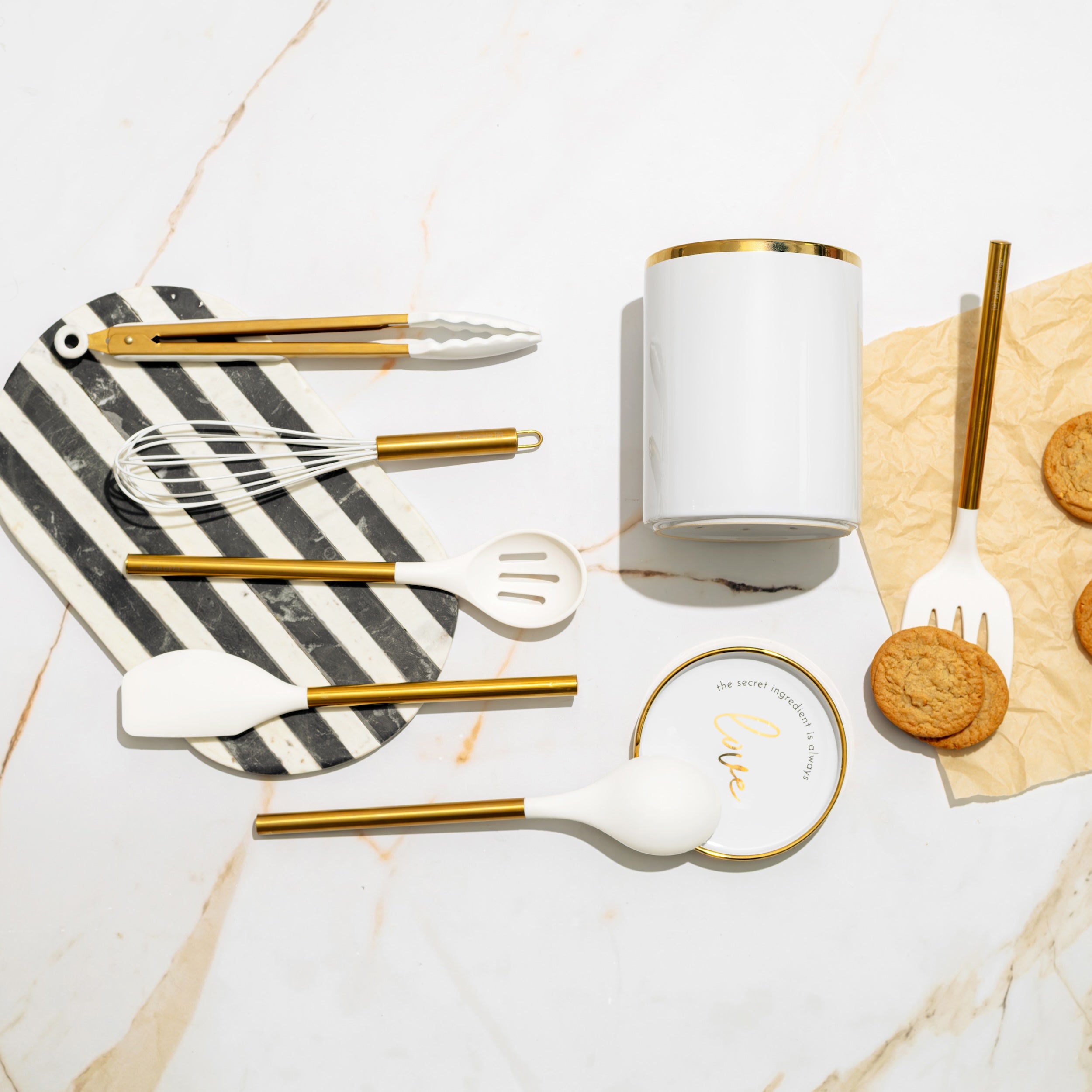 White and Gold Kitchen Utensils and White Utensil Holder with Built-in Spoon Rest
