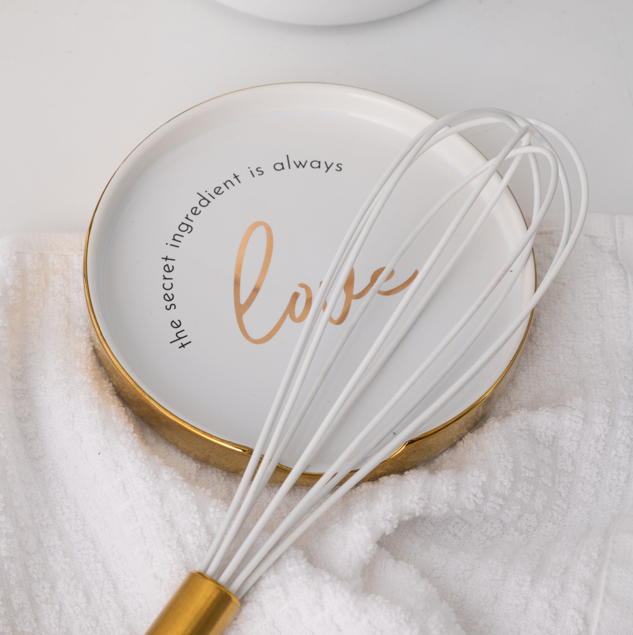 White and Gold Kitchen Utensils and White Utensil Holder with Built-in Spoon Rest