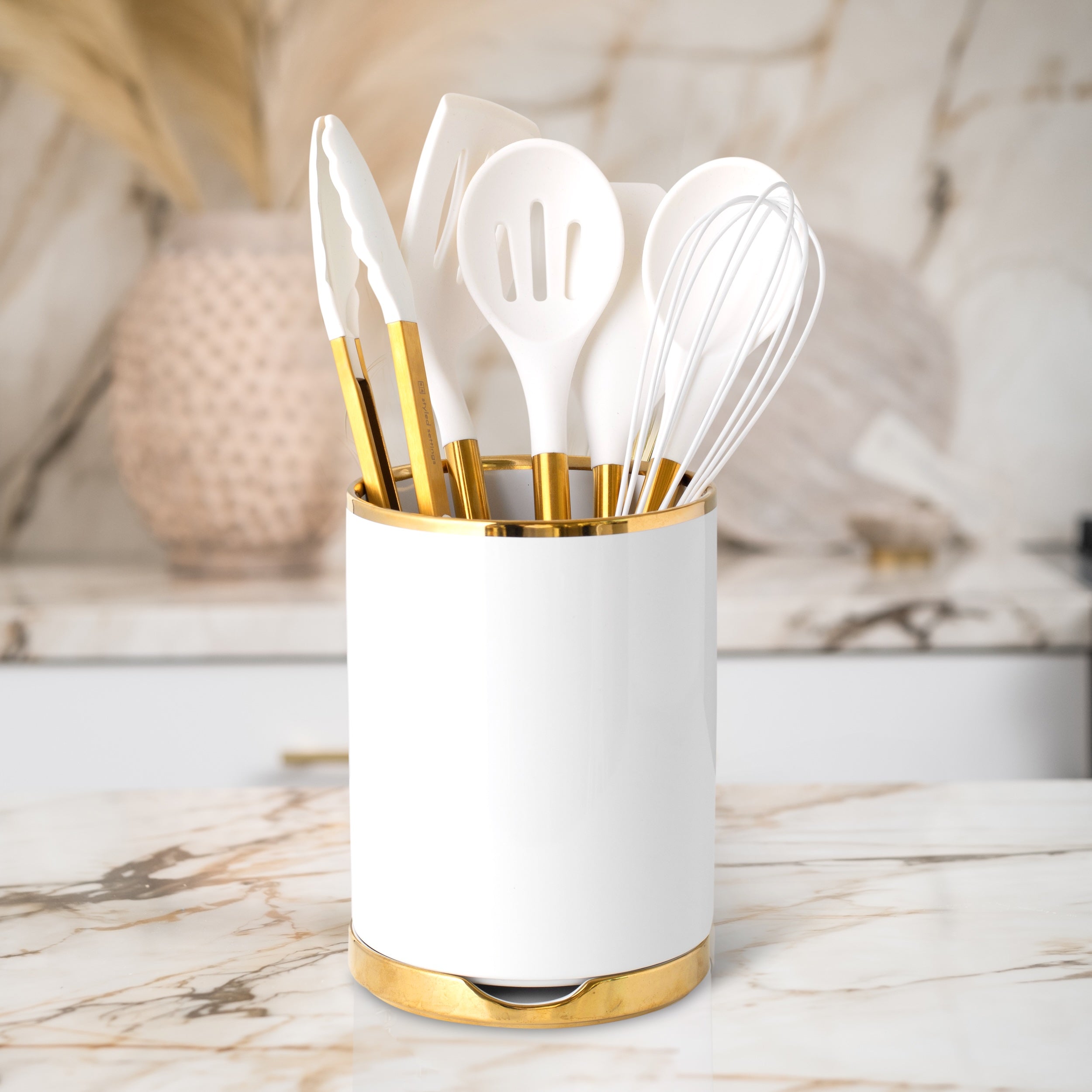 White and Gold Kitchen Utensils and White Utensil Holder with Built-in Spoon Rest
