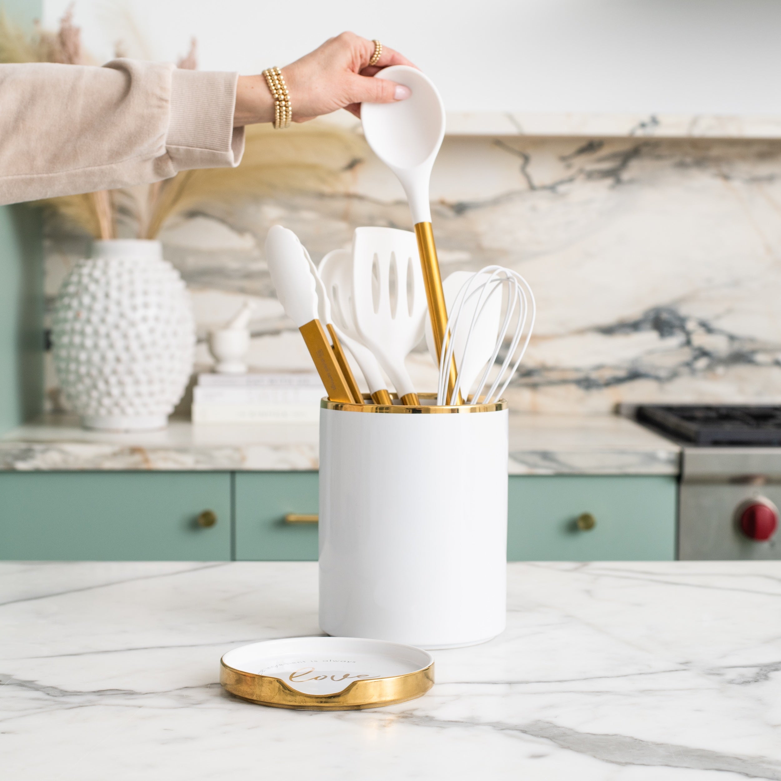 White and Gold Kitchen Utensils and White Utensil Holder with Built-in Spoon Rest
