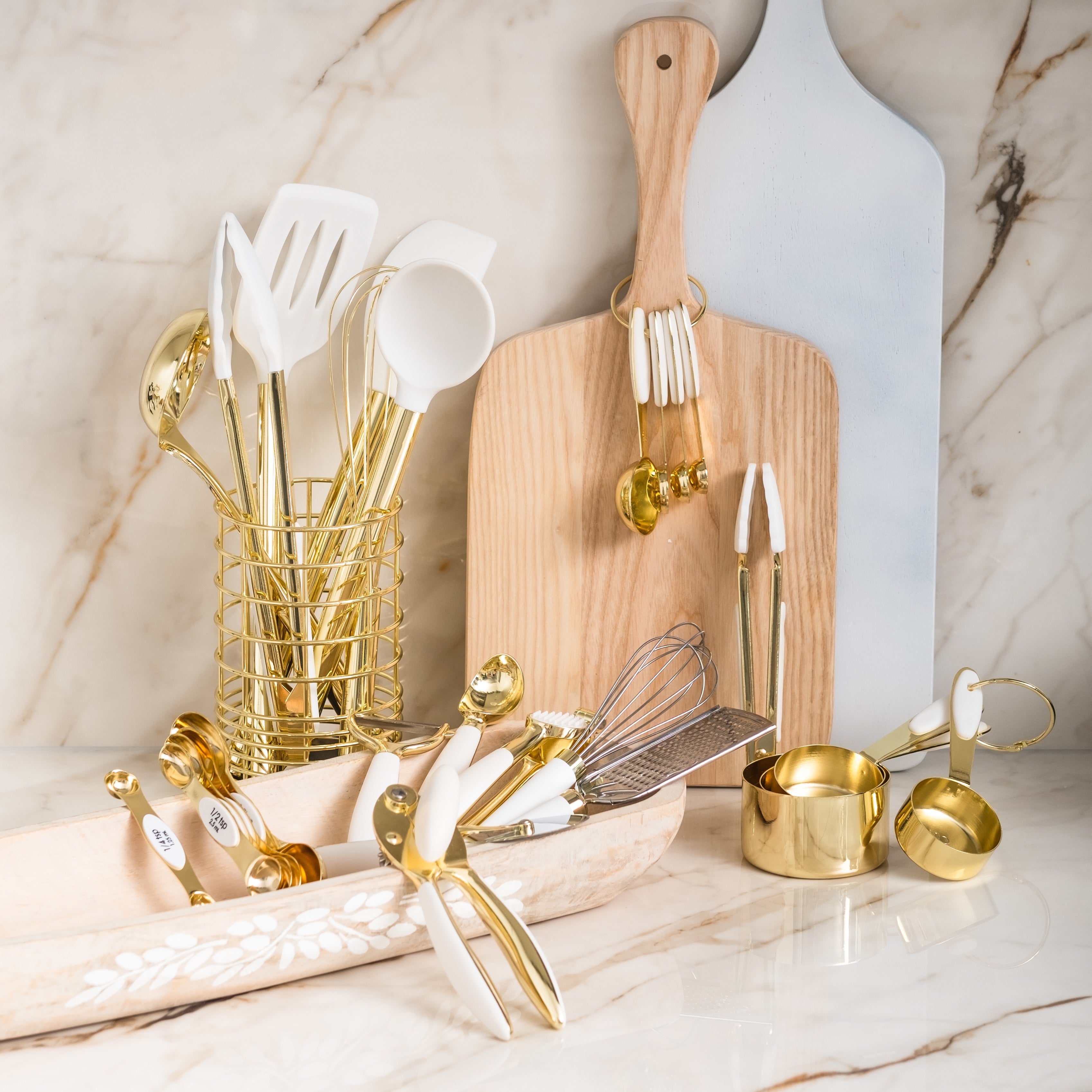 Styled Settings STYLED SETTINGS White and Gold Cooking Utensils with  Stainless Steel Gold Utensil Holder - 16-Piece Set Includes White and