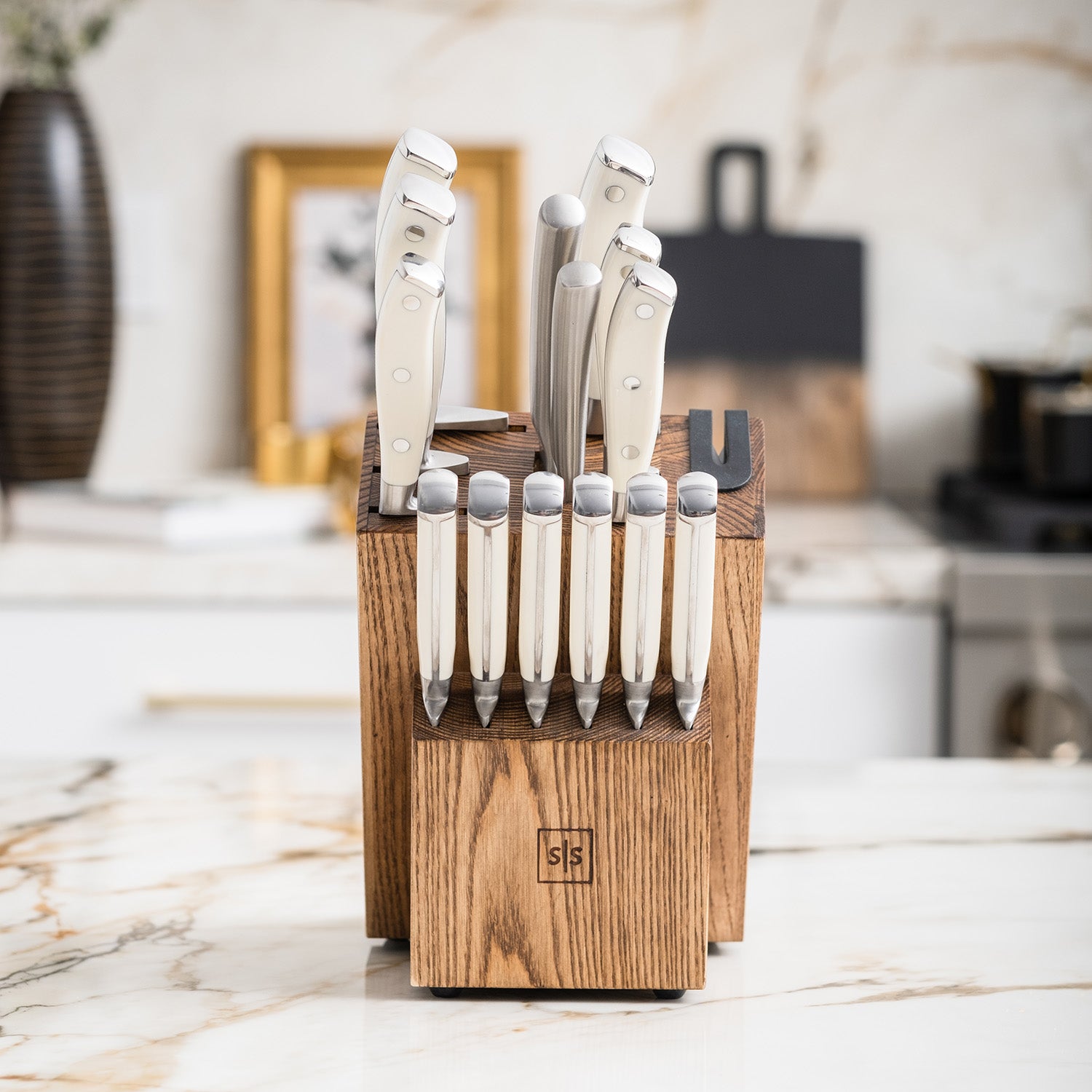 White Knife Set with Block - 14 Piece Forged Stainless Steel Triple Rivet  White Kitchen Knife Set with Heavy Duty Kitchen Shears and Self Sharpening